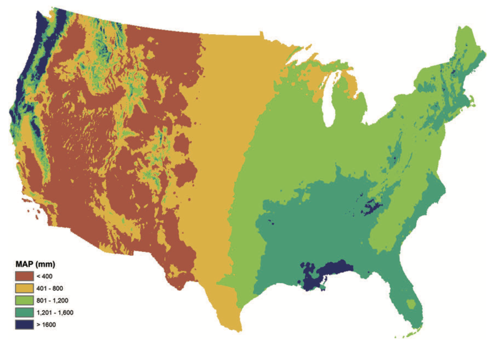 National Atmospheric Deposition Program - annual precipitation USA in 1996. Although mountainous areas have a higher rainfall, and block rainfall reaching the centre, they do not provide the only explanation USA 1996 Precipitation